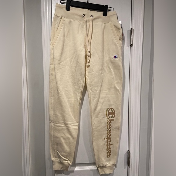 NWT Champion Size XS Power Blend Cream Gold Logo Drawstring Sweatpants Joggers - Picture 1 of 11